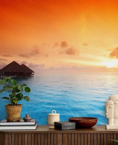 Sunset Beach and Over Water Bungalow Wallpaper Sunset Beach and Over Water Bungalow Wallpaper