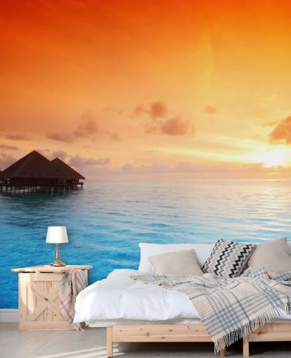 Sunset Beach and Over Water Bungalow Wallpaper Sunset Beach and Over Water Bungalow Wallpaper
