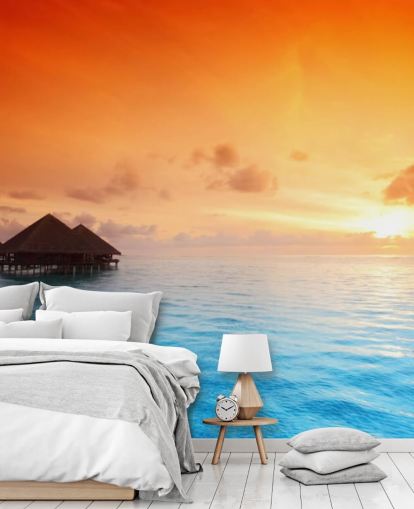 Sunset Beach og Over vand Bungalow Baggrund