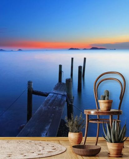 Lake en steiger bij Sunset Wall Mural