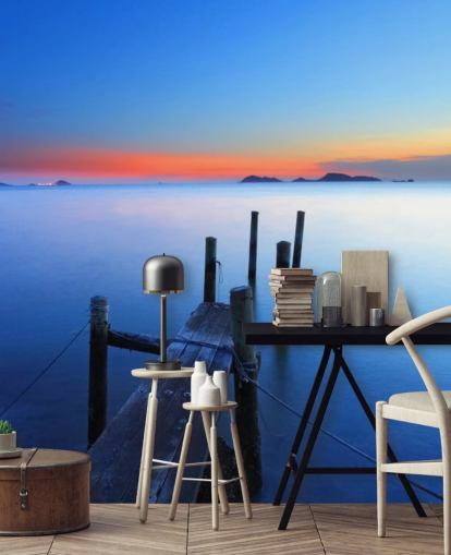 Lake en steiger bij Sunset Wall Mural