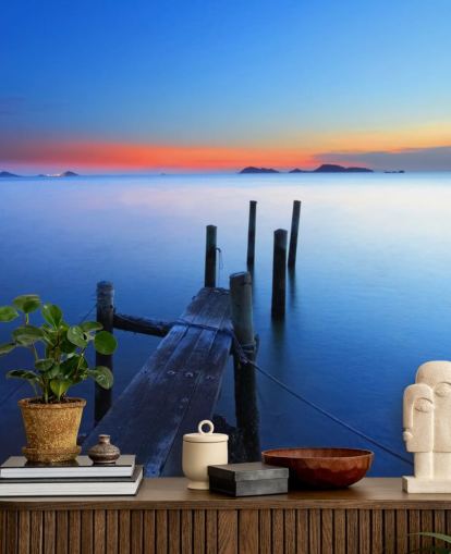 Decorazione murale con lago e molo al tramonto