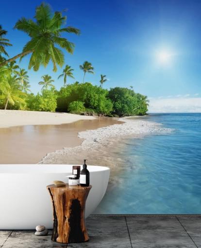 sininen räätälöitävä rantatapetti seinämaalaus nimeltä Caribbean Palms kylpyhuoneisiin