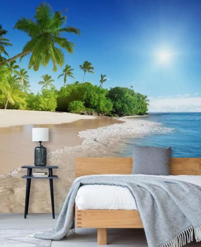 blue customizable beach wallpaper mural called Caribbean Palms for bathrooms