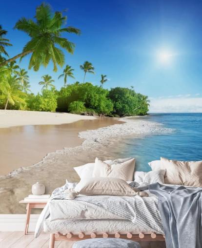 papier peint de plage personnalisable bleu appelé Caribbean Palms pour salles de bain papier peint de plage personnalisable bleu appelé Caribbean Palms pour salles de bain