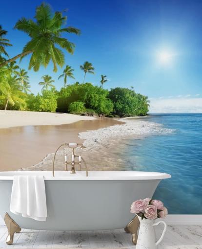 blå tilpasselig strand tapet vægmaleri kaldet Caribbean Palms til badeværelser