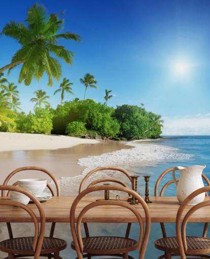 blå anpassningsbar strand tapet väggmålning kallad Caribbean Palms för badrum