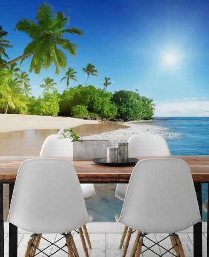 blue customizable beach wallpaper mural called Caribbean Palms for bathrooms