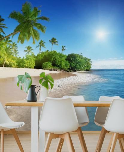 blue customisable beach wallpaper mural called Caribbean Palms for bathrooms