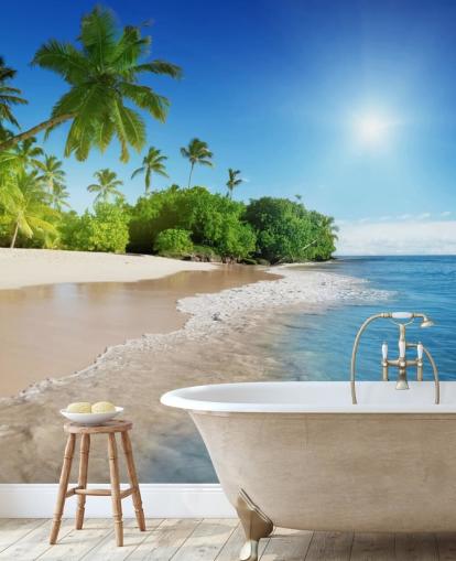 sininen räätälöitävä rantatapetti seinämaalaus nimeltä Caribbean Palms kylpyhuoneisiin