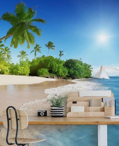 blauwe aanpasbare strandbehangmuurschildering genaamd Caribbean Palms voor badkamers