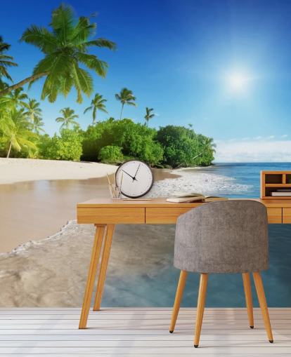 mural de papel de parede de praia personalizável azul chamado Caribbean Palms para banheiros