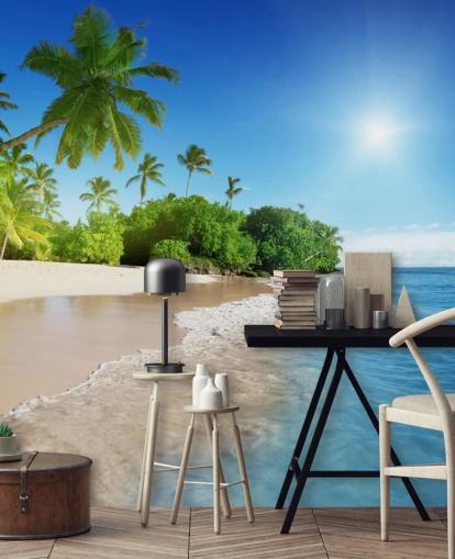 carta da parati murale da spiaggia personalizzabile blu chiamata Caribbean Palms per bagni carta da parati murale da spiaggia personalizzabile blu chiamata Caribbean Palms per bagni