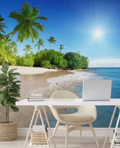 carta da parati murale da spiaggia personalizzabile blu chiamata Caribbean Palms per bagni