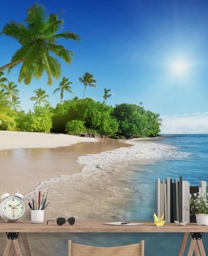 blue customisable beach wallpaper mural called Caribbean Palms for bathrooms