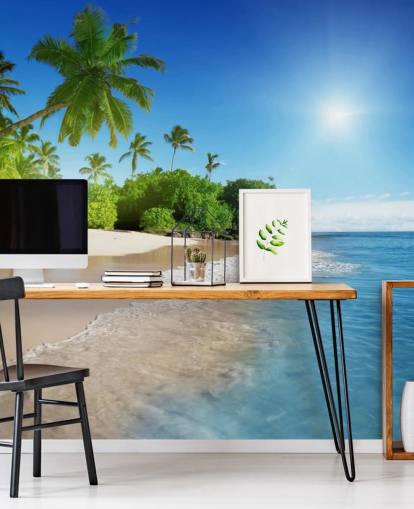 blauwe aanpasbare strandbehangmuurschildering genaamd Caribbean Palms voor badkamers blauwe aanpasbare strandbehangmuurschildering genaamd Caribbean Palms voor badkamers