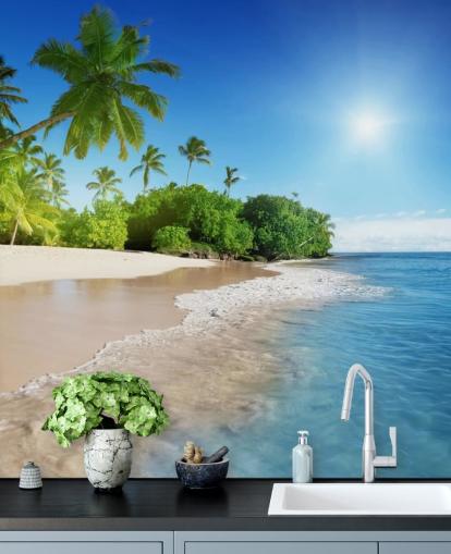 mural de papel pintado de playa azul personalizable llamado Caribbean Palms para baños