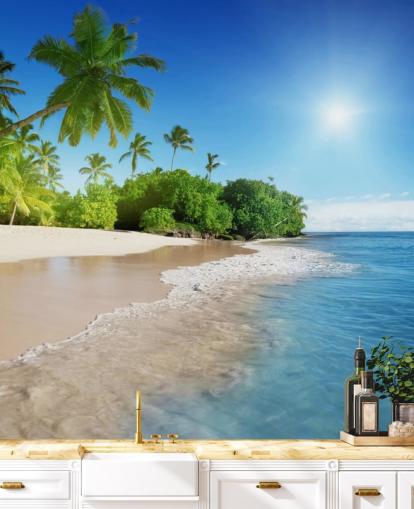 blue customizable beach wallpaper mural called Caribbean Palms for bathrooms