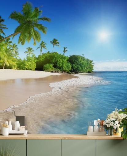 blue customizable beach wallpaper mural called Caribbean Palms for bathrooms
