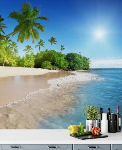 carta da parati murale da spiaggia personalizzabile blu chiamata Caribbean Palms per bagni carta da parati murale da spiaggia personalizzabile blu chiamata Caribbean Palms per bagni