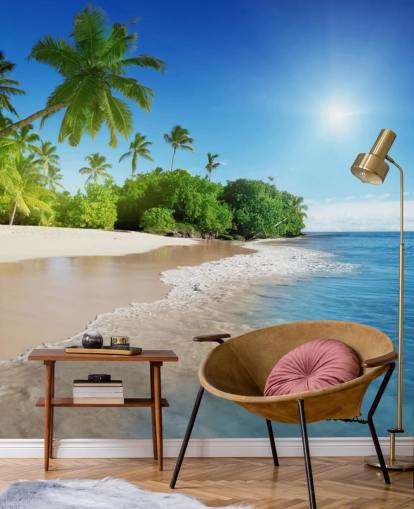 mural de papel de parede de praia personalizável azul chamado Caribbean Palms para banheiros