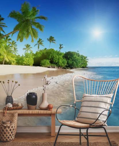 mural de papel pintado de playa azul personalizable llamado Caribbean Palms para baños