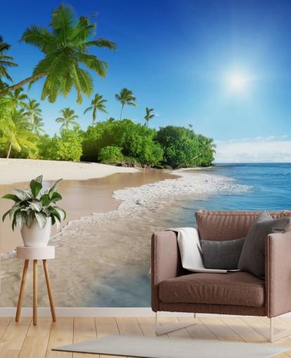 sininen räätälöitävä rantatapetti seinämaalaus nimeltä Caribbean Palms kylpyhuoneisiin