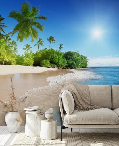 papier peint de plage personnalisable bleu appelé Caribbean Palms pour salles de bain