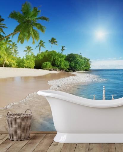 Blaues personalisierbares Strandtapeten-Wandbild namens Caribbean Palms für Badezimmer