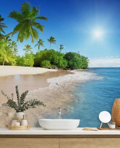 blue customisable beach wallpaper mural called Caribbean Palms for bathrooms