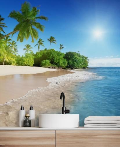 Blaues personalisierbares Strandtapeten-Wandbild namens Caribbean Palms für Badezimmer