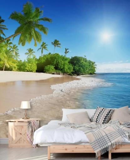 blauwe aanpasbare strandbehangmuurschildering genaamd Caribbean Palms voor badkamers