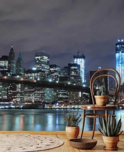 mørkt new york city tapetmaleri kaldet Brooklyn Bridge New York til soveværelser, stuer og mere