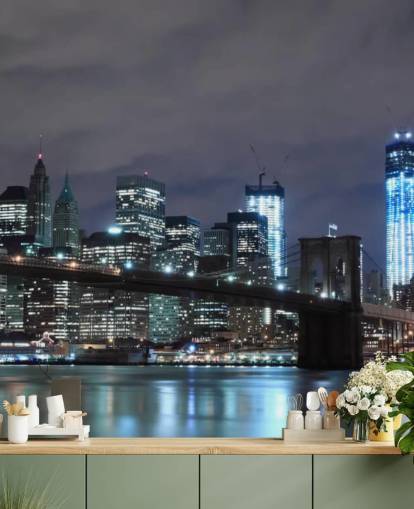 mural oscuro de papel pintado de la ciudad de Nueva York llamado Puente de Brooklyn de Nueva York para dormitorios, salas de estar y más