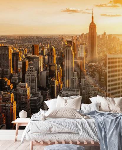 papel pintado personalizado del horizonte de Nueva York llamado Sunrise New York para salas de estar, dormitorios y oficinas