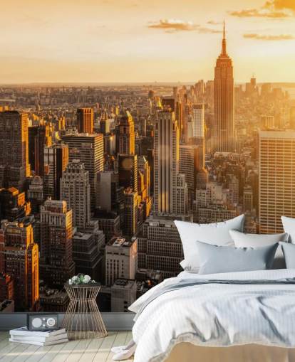 papel pintado personalizado del horizonte de Nueva York llamado Sunrise New York para salas de estar, dormitorios y oficinas