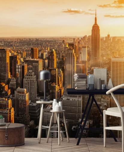 carta da parati personalizzata con lo skyline di New York chiamata Sunrise New York per salotti, camere da letto e uffici
