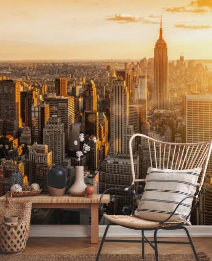 papel pintado personalizado del horizonte de Nueva York llamado Sunrise New York para salas de estar, dormitorios y oficinas