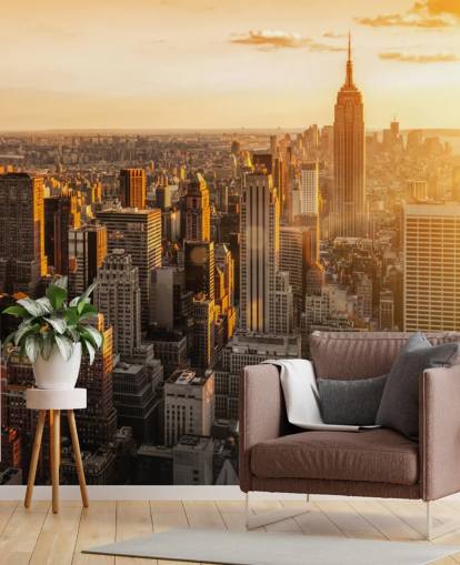 carta da parati personalizzata con lo skyline di New York chiamata Sunrise New York per salotti, camere da letto e uffici
