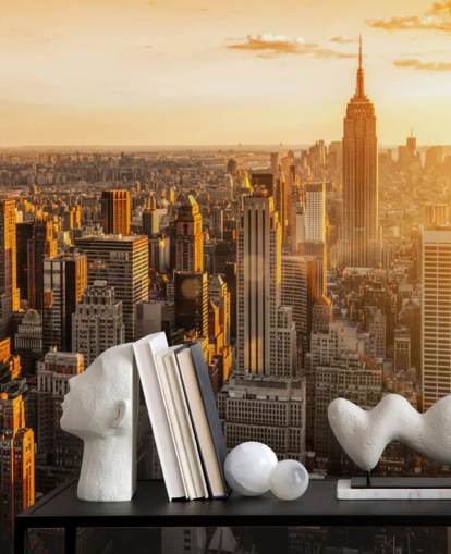 op maat gemaakt new york skyline behang genaamd Sunrise New York voor woonkamers, slaapkamers en kantoren
