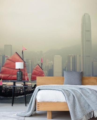 misty hong kong with boat wallpaper