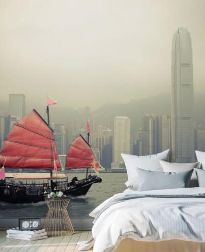 misty hong kong with boat wallpaper