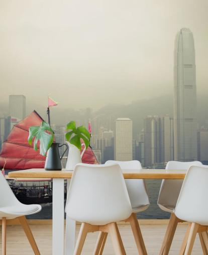 misty hong kong with boat wallpaper misty hong kong with boat wallpaper