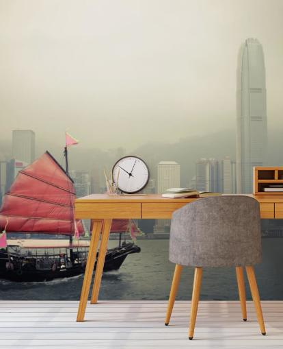 misty hong kong with boat wallpaper