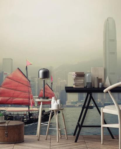 misty hong kong with boat wallpaper