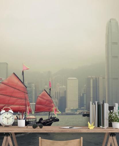 misty hong kong with boat wallpaper