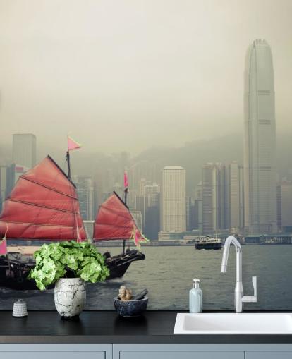 misty hong kong with boat wallpaper