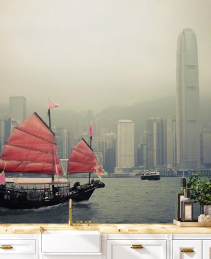 misty hong kong with boat wallpaper