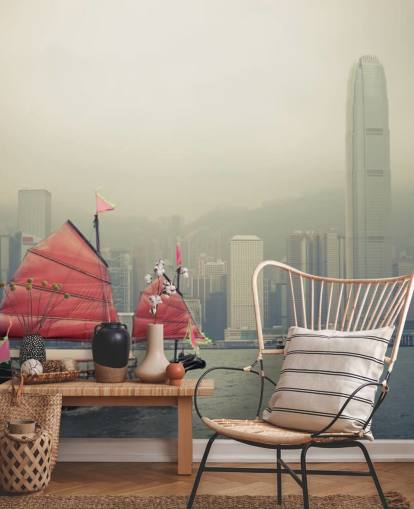 misty hong kong with boat wallpaper