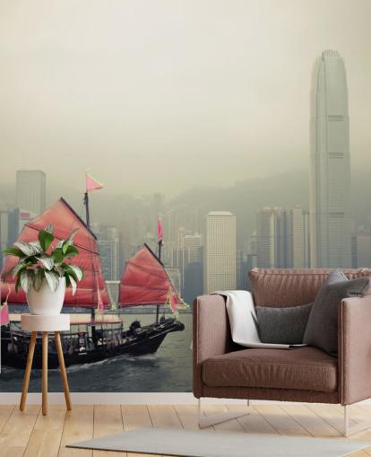 misty hong kong with boat wallpaper